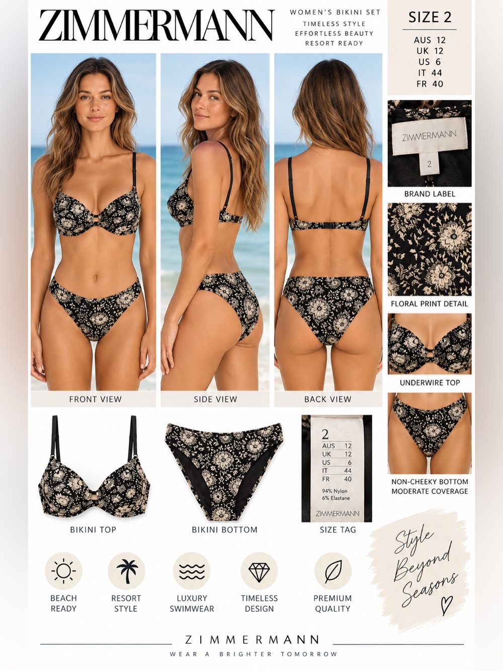 Zimmermann Size 2 Black Cream Floral Bikini Set Underwire High Cut Swimsuit